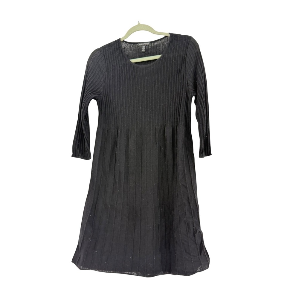 Eileen Fisher Black 100 Wool Ribbed Knit A-Line Dress XS Italian Yarn Scoop Neck